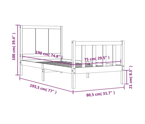 Estructura de cama individual con cabecero madera maciza blanco