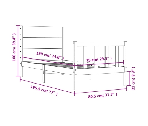 Estructura de cama individual con cabecero madera maciza negro