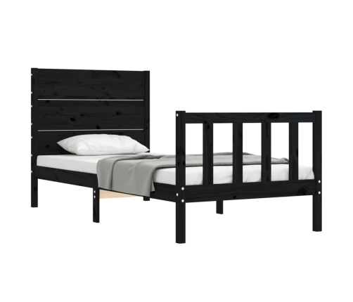 Estructura de cama individual con cabecero madera maciza negro