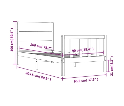 Estructura de cama con cabecero madera maciza negro 90x200 cm