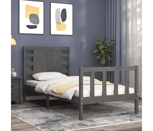 Estructura de cama individual con cabecero madera maciza gris