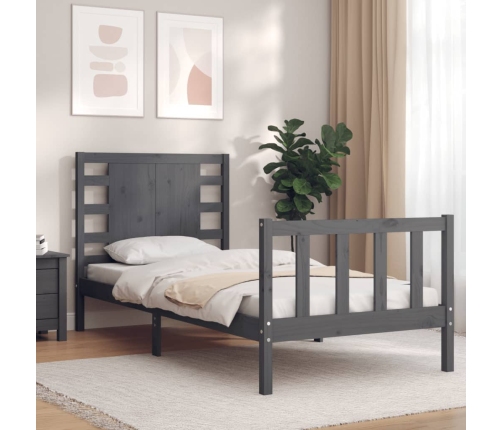 Estructura de cama individual con cabecero madera maciza gris