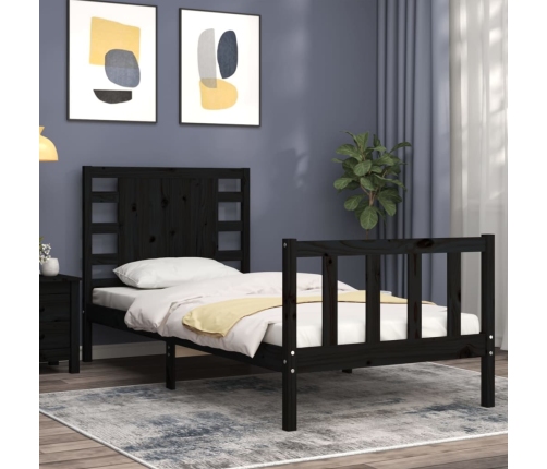 Estructura de cama individual con cabecero madera maciza negro