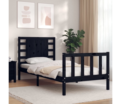 Estructura de cama individual con cabecero madera maciza negro