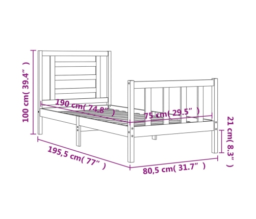 Estructura de cama individual con cabecero madera maciza negro