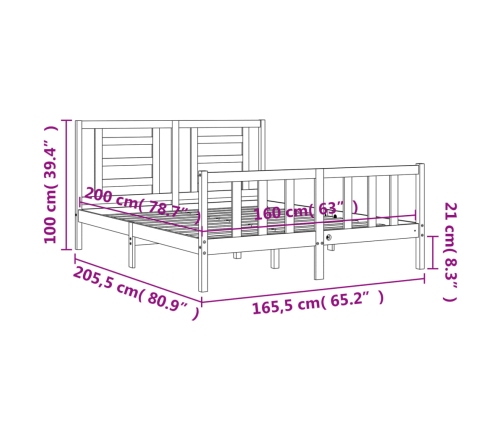 Estructura de cama sin colchón madera maciza de pino 160x200 cm