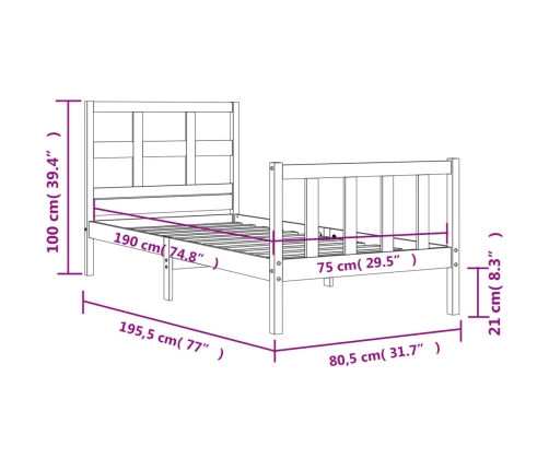 Estructura de cama individual con cabecero madera maciza blanco