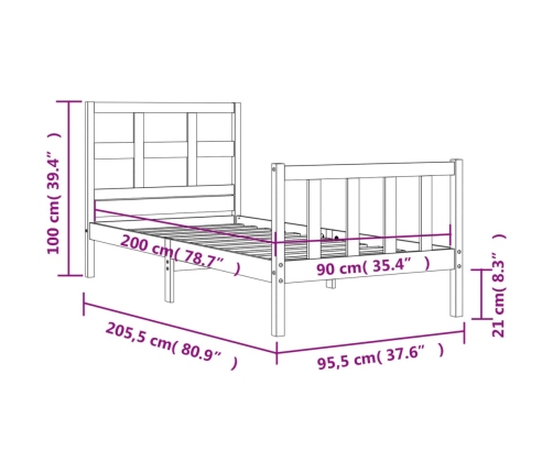 Estructura de cama sin colchón madera maciza de pino 90x200 cm