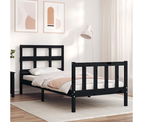 Estructura de cama con cabecero madera maciza negro 90x200 cm