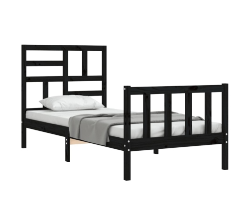 Estructura de cama individual con cabecero madera maciza negro