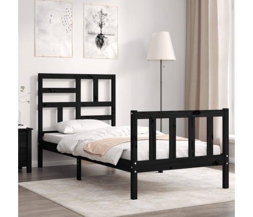 Estructura de cama individual con cabecero madera maciza negro