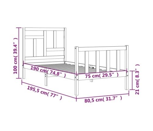 Estructura de cama individual con cabecero madera maciza negro