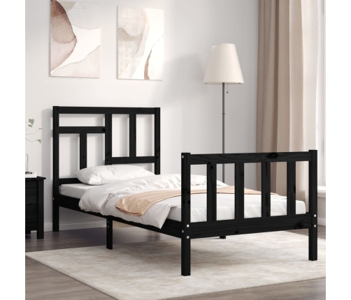 Estructura de cama individual con cabecero madera maciza negro