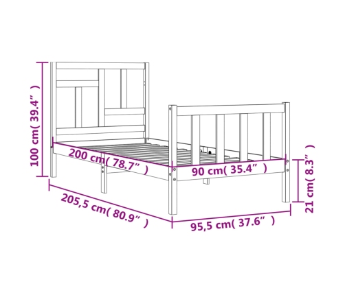 Estructura de cama sin colchón madera maciza de pino 90x200 cm