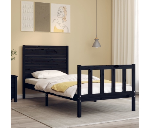 Estructura de cama individual con cabecero madera maciza negro