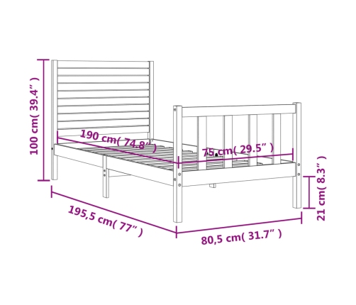 Estructura de cama individual con cabecero madera maciza negro