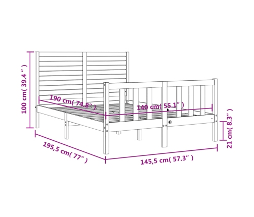 Estructura de cama sin colchón madera maciza de pino 140x190 cm