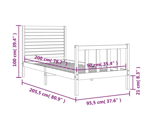 Estructura de cama con cabecero madera maciza negro 90x200 cm