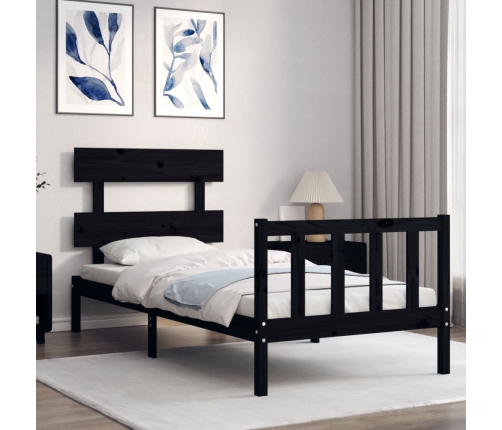 Estructura de cama individual con cabecero madera maciza negro