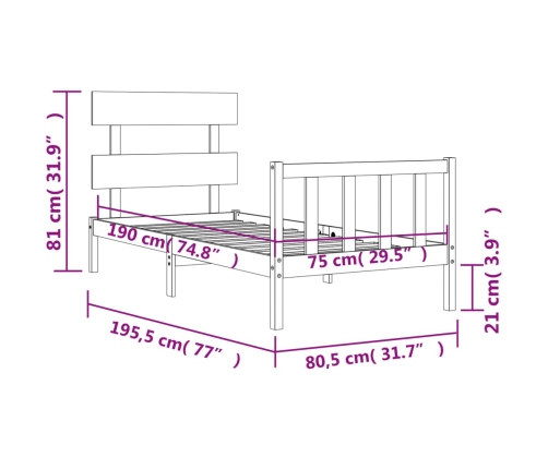 Estructura de cama individual con cabecero madera maciza negro