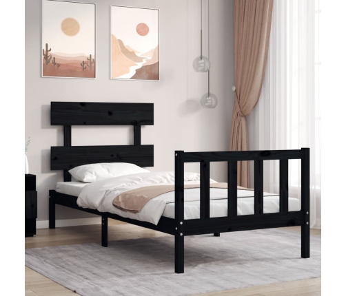 Estructura de cama individual con cabecero madera maciza negro