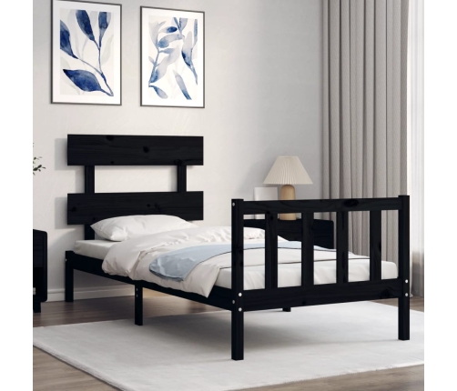 Estructura de cama con cabecero madera maciza negro 90x200 cm