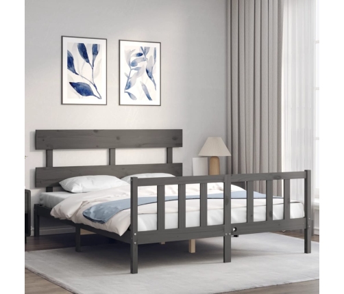 Estructura de cama matrimonio con cabecero madera maciza gris