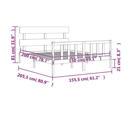 Estructura de cama matrimonio con cabecero madera maciza gris