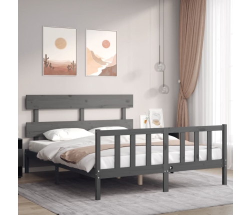 Estructura de cama matrimonio con cabecero madera maciza gris