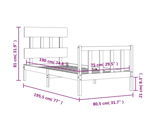 Estructura de cama individual con cabecero madera maciza negro