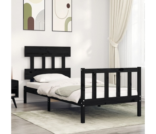 Estructura de cama individual con cabecero madera maciza negro