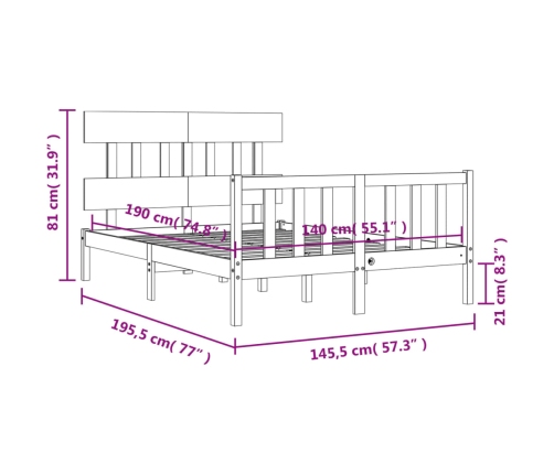 Estructura de cama sin colchón madera maciza de pino 140x190 cm