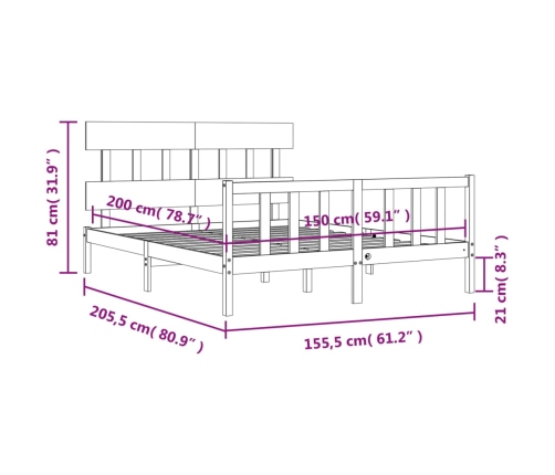 Estructura de cama matrimonio con cabecero madera maciza gris