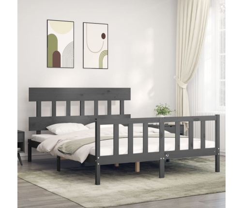 Estructura de cama matrimonio con cabecero madera maciza gris