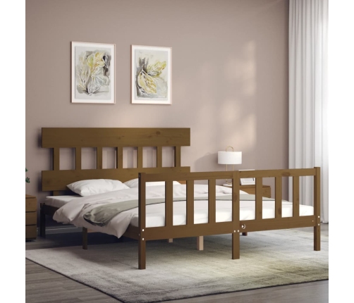 Estructura de cama matrimonio con cabecero madera marrón miel