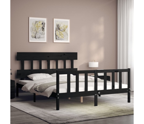 vidaXL Estructura cama de matrimonio con cabecero madera maciza negro