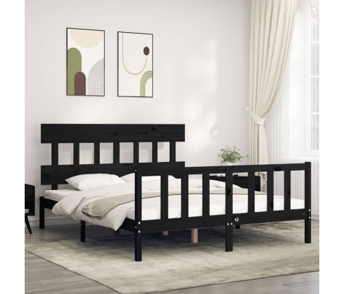 vidaXL Estructura cama de matrimonio con cabecero madera maciza negro