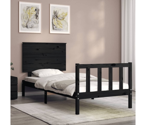 Estructura de cama individual con cabecero madera maciza negro