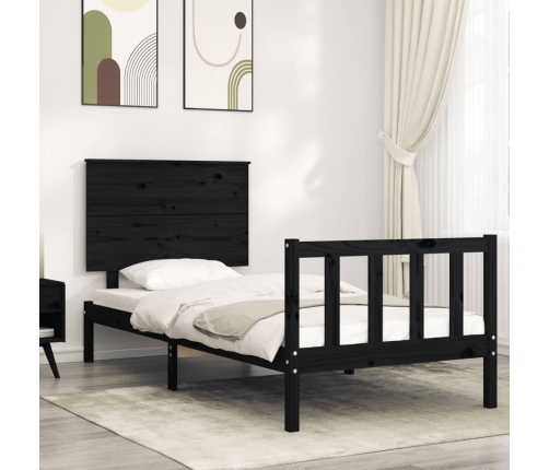 Estructura de cama individual con cabecero madera maciza negro