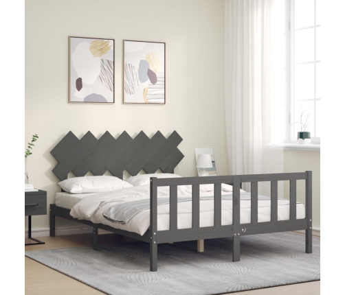 Estructura de cama matrimonio con cabecero madera maciza gris