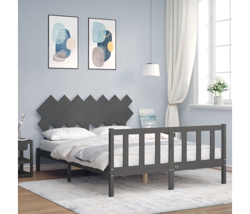 Estructura de cama matrimonio con cabecero madera maciza gris