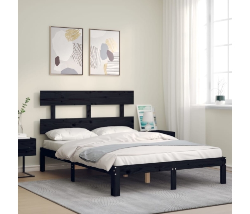 Estructura cama de matrimonio con cabecero madera maciza negro