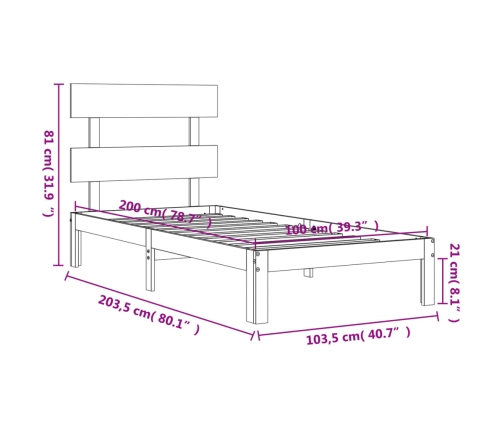 vidaXL Estructura de cama con cabecero madera maciza negro 100x200 cm