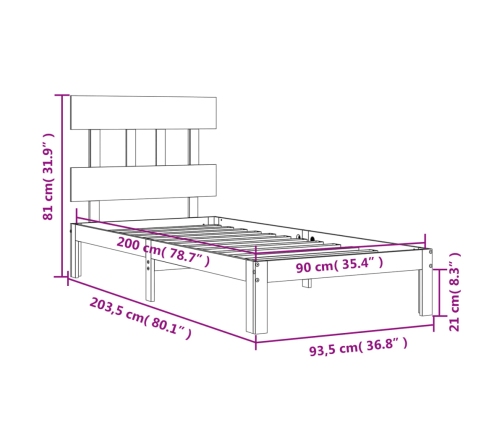 Estructura de cama sin colchón madera maciza de pino 90x200 cm