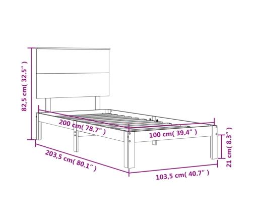 vidaXL Estructura cama y cabecero madera maciza marrón miel 100x200 cm