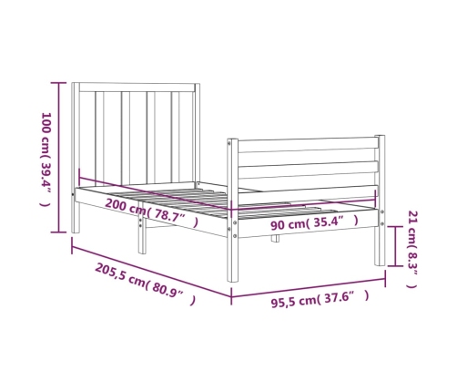 Estructura cama con cabecero madera maciza marrón miel 90x200cm