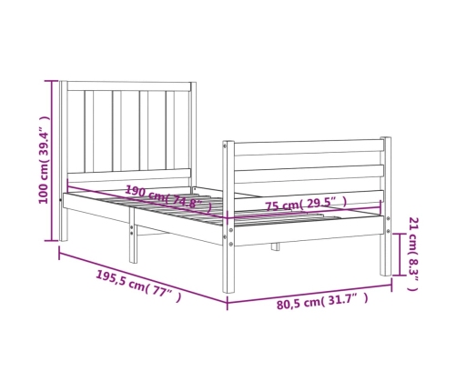 Estructura de cama individual con cabecero madera maciza blanco