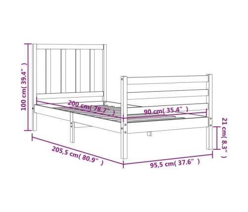 Estructura de cama sin colchón madera maciza de pino 90x200 cm