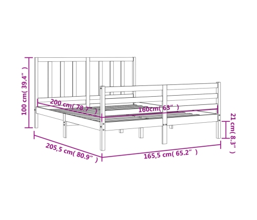 Estructura de cama sin colchón madera maciza de pino 160x200 cm