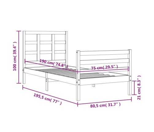 Estructura de cama individual con cabecero madera maciza blanco